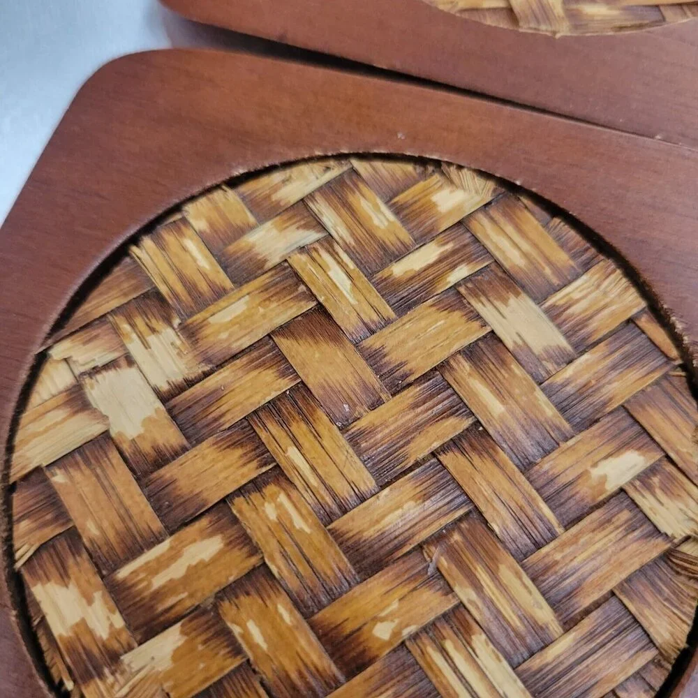 Coasters w/Caddy Vintage Set of 6 Wood Wicker Bamboo Teak 1970s barware GUC